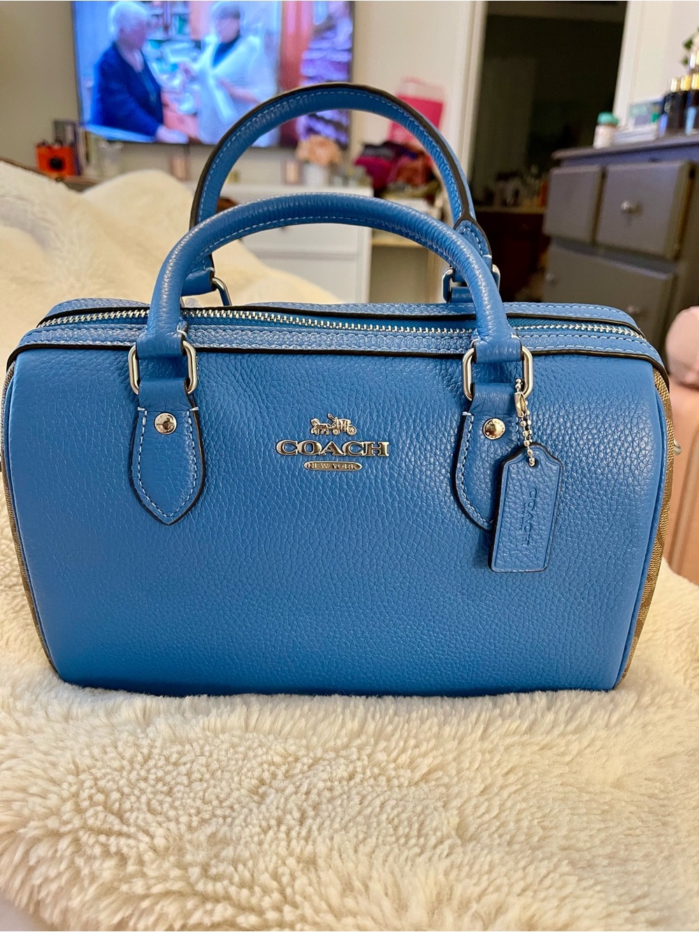 Coach Blue Pebbled Leather Medium Satchel (Rowan) - Coach